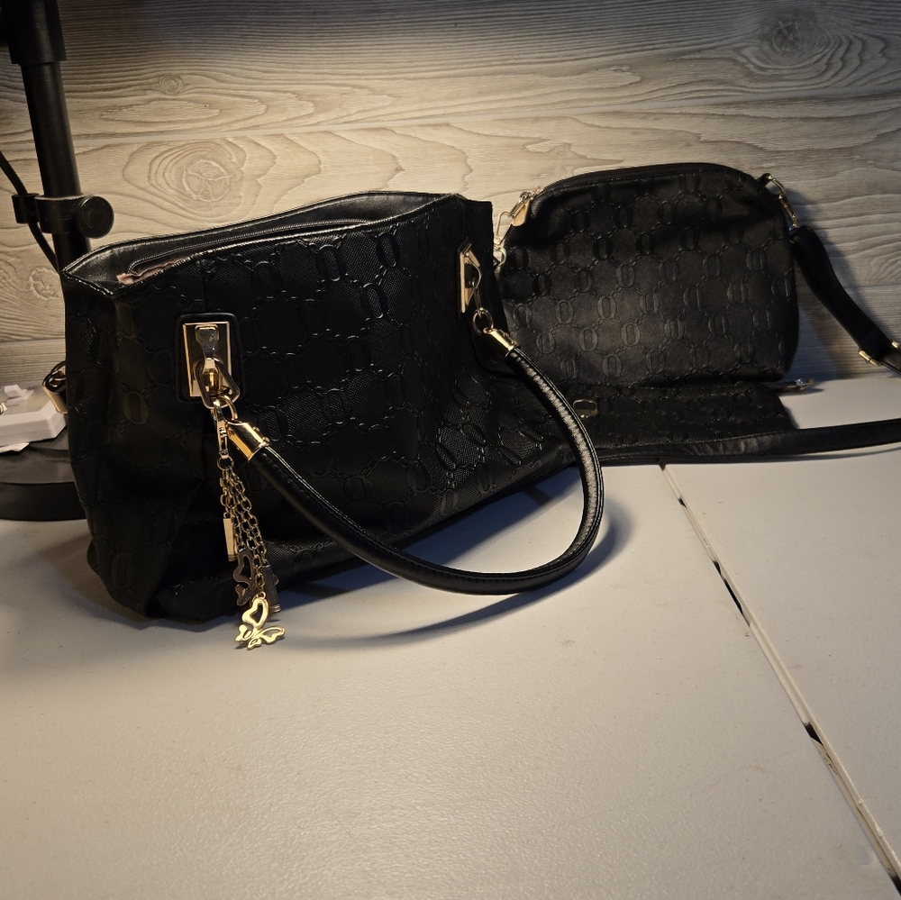 Les  Boerlb Faux Leather Handbag, Crossbody And Makeup Bag Set. Black
